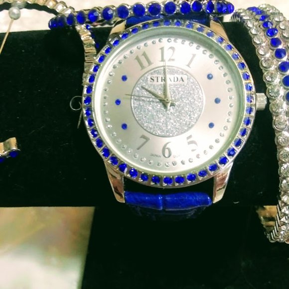 WATCH, BRACELET & HOOP EARRINGS SET*STRADA*BLUE BAND*BLUE AUSTRIAN CRYSTALS. - Picture 2 of 16
